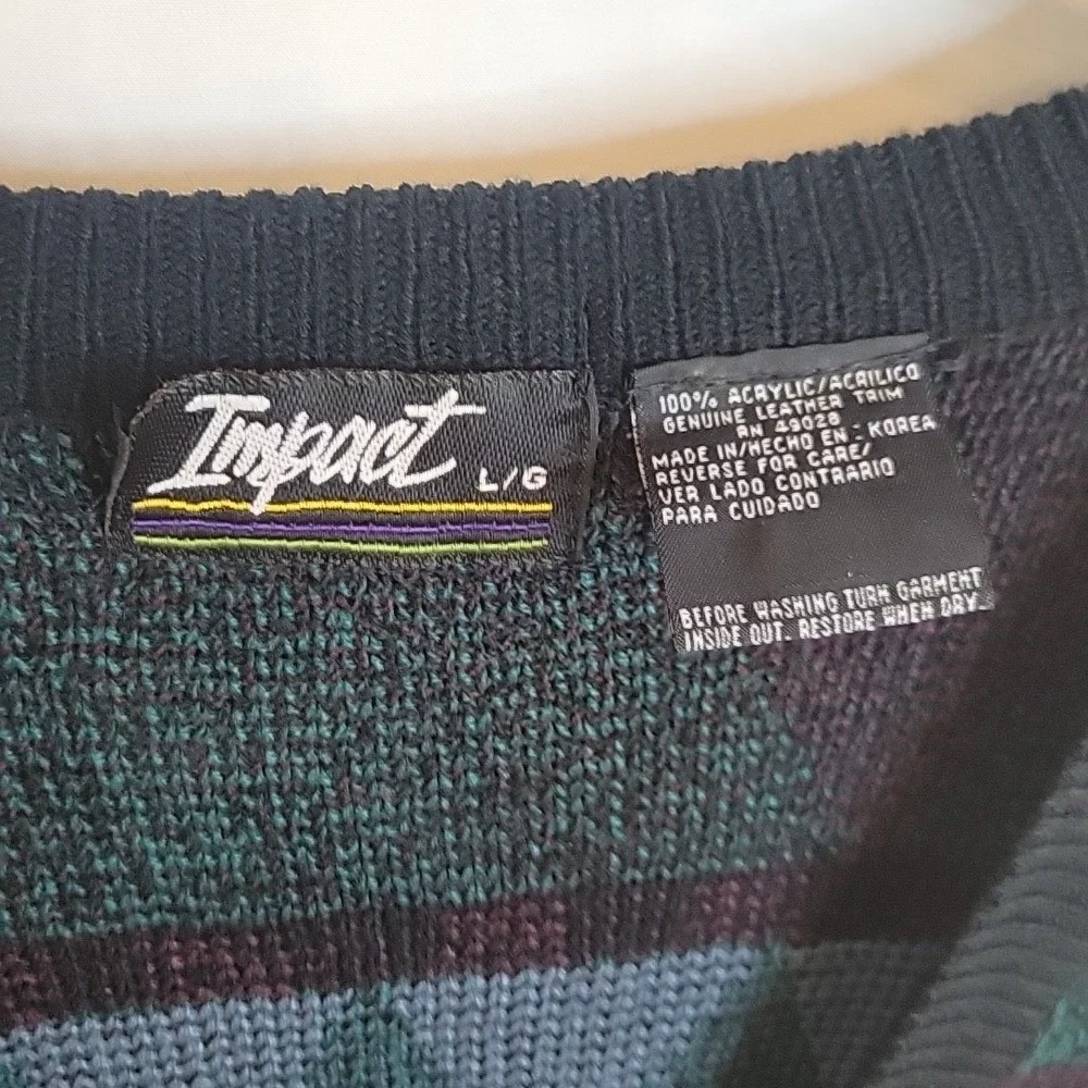 Impact Vintage 80s Button Up Sweater Vest Geometric Grandpa Leather Trim Men's L